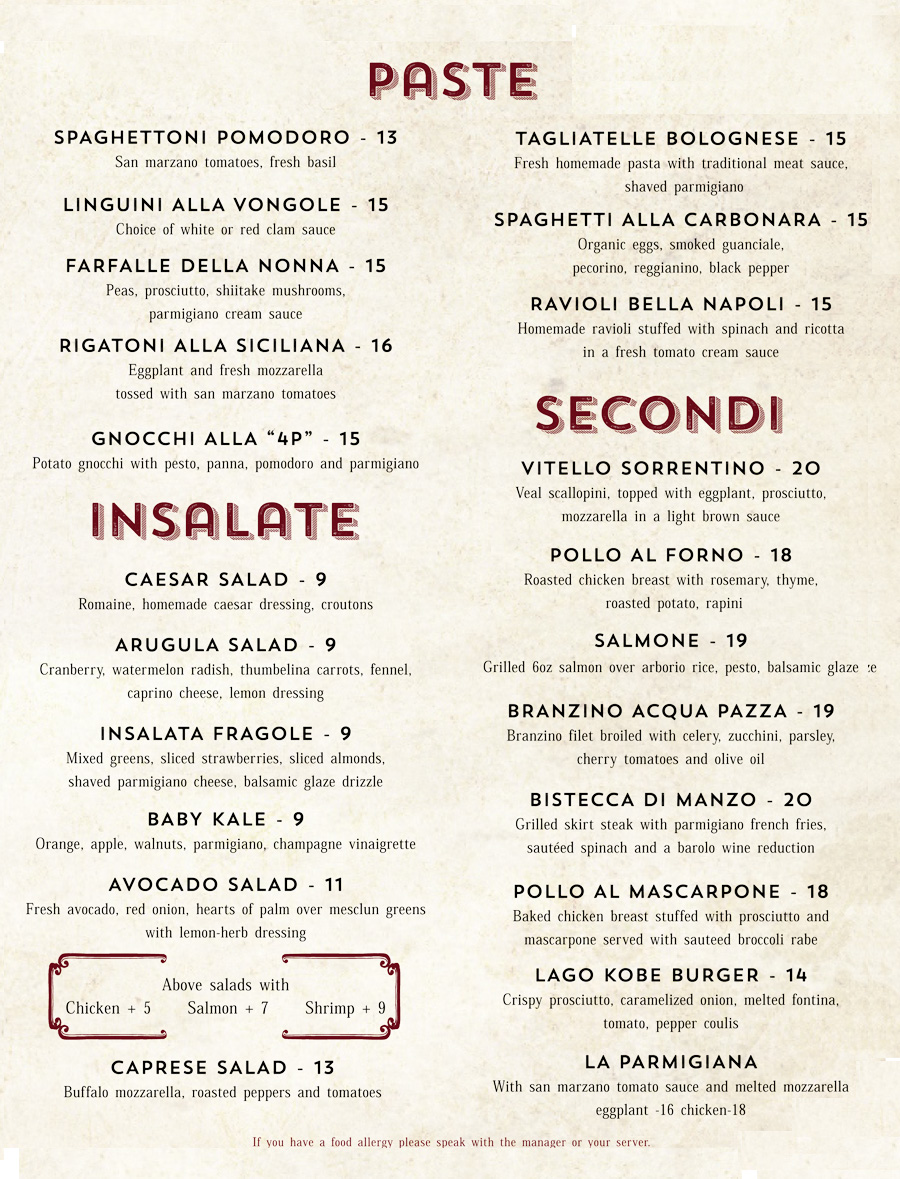 Lunch Menu Lago Ristorante & Wine Bar
