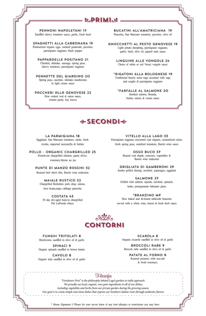 Dinner Menu Lago Ristorante & Wine Bar