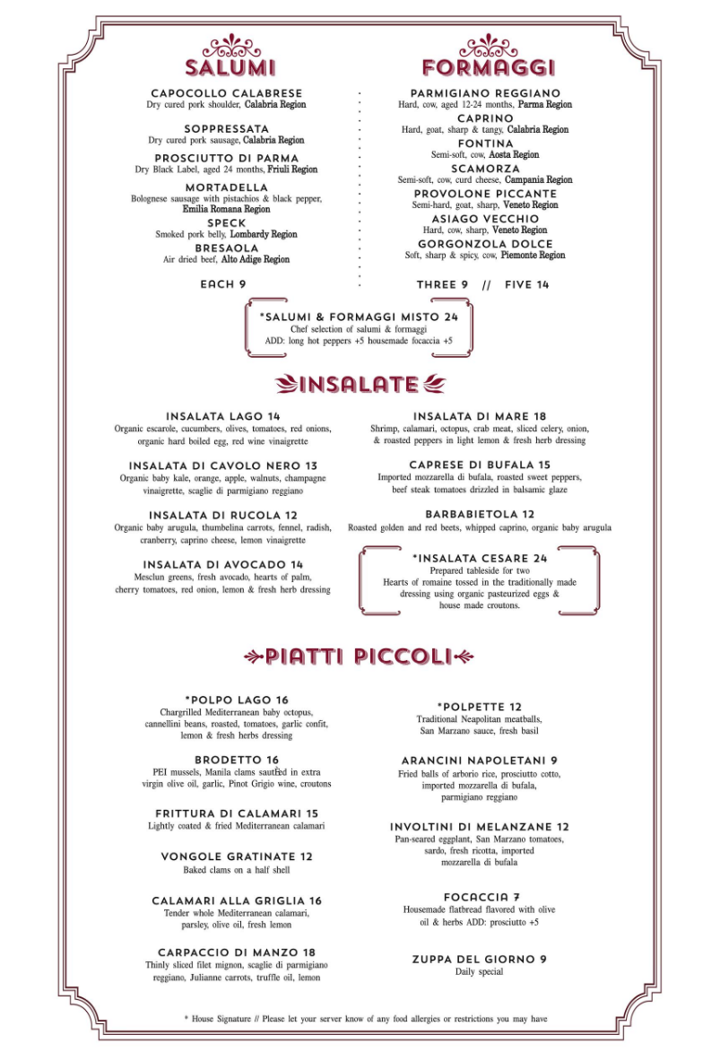 Dinner Menu Lago Ristorante & Wine Bar