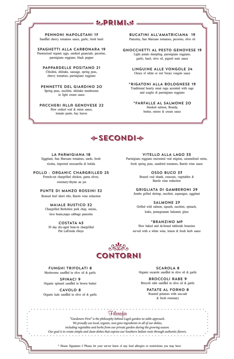Dinner Menu Lago Ristorante & Wine Bar